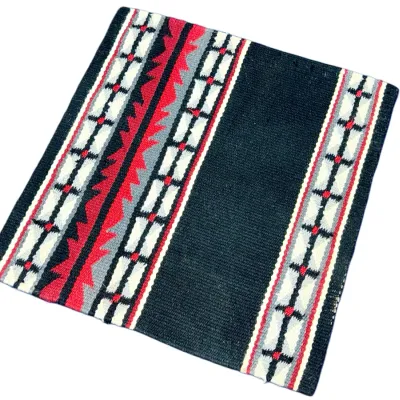 Sale Photo Thumbnail #33: Southwestern hand-woven wool saddle blanket featuring geometric patterns in black, red, gray, and cream.