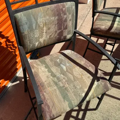 Sale Photo Thumbnail #295: Contemporary metal armchairs with patterned fabric upholstery, circa late 1990s or 2000s.