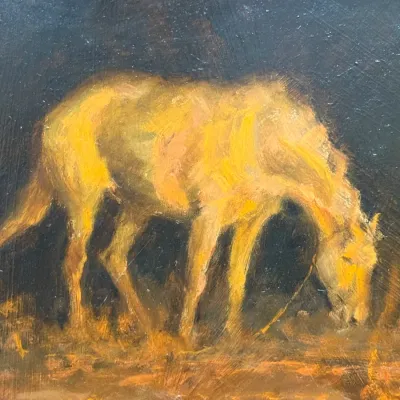 Sale Photo Thumbnail #105: Oil painting on board depicting a grazing yellow-gold horse against a dark, atmospheric background.