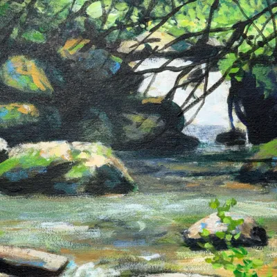 Sale Photo Thumbnail #457: Original acrylic painting on stretched canvas depicting a shaded stream flowing over mossy rocks beneath a dense forest canopy.