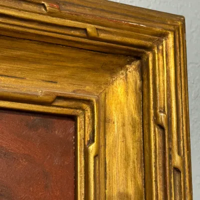 Sale Photo Thumbnail #109: Corner detail of a vintage ornate gilded wood picture frame with carved geometric trim detailing.