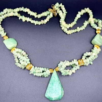Sale Photo Thumbnail #23: Multi-strand green aventurine chip necklace featuring a prominent faceted geometric pendant and gold-tone spacer accents.