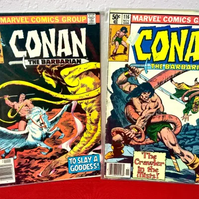 Sale Photo Thumbnail #801: Two Marvel Comics Group Conan the Barbarian comic books, including issues #121 (April 1981) and #116 (November 1980), both bagged and boarded.