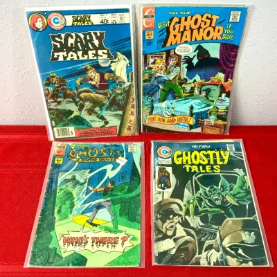 Sale Photo Thumbnail #79: Group of four Charlton horror comic books from the 1970s, including Scary Tales, Ghost Manor, The Many Ghosts of Doctor Graves, and Ghostly Tales, all bagged for protection.