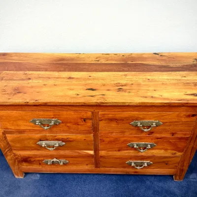 Sale Photo Thumbnail #244: Rustic solid wood six-drawer dresser featuring a warm honey finish, prominent natural grain, and antique-style metal bail pulls.