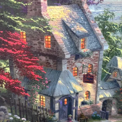 Sale Photo Thumbnail #830: Thomas Kinkade framed art print depicting a stone cottage titled 'Ye Olde Beacon', rendered in the artist's signature luminous, cozy style.