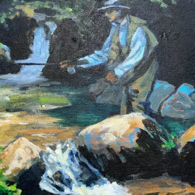 Sale Photo Thumbnail #456: Original oil painting on canvas depicting a fly fisherman wading in a forest stream near a small waterfall.