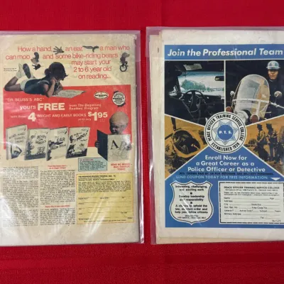 Sale Photo Thumbnail #780: Two vintage comic books in protective plastic sleeves showing full-page back cover advertisements from the 1970s.