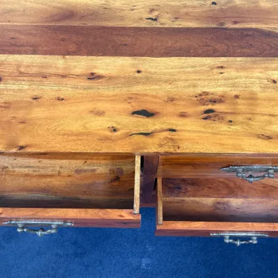 Sale Photo Thumbnail #252: Solid exotic wood dresser or console with open drawers showing natural grain and rustic metal hardware.