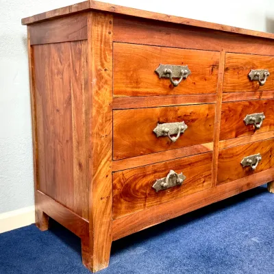 Sale Photo Thumbnail #249: Rustic solid wood six-drawer dresser with rich grain and antique-style metal bail pulls.