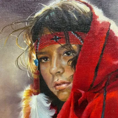 Sale Photo Thumbnail #153: Framed oil painting on textured canvas depicting a portrait of a Native American child wearing a red headband and vibrant red cloak.