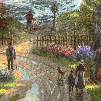 Sale Photo Thumbnail #829: Detail of a cottage landscape oil painting featuring figures, a dog, and a Celtic cross along a coastal dirt path.