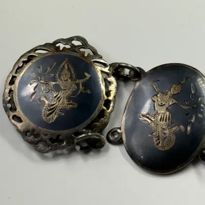 Sale Photo Thumbnail #163: Vintage Siamese silver and black niello link bracelet depicting Thai dancers, showing light surface wear and tarnish.