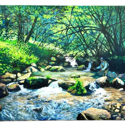 Sale Photo Thumbnail #35: Framed acrylic on canvas painting depicting a fly fisherman in a shaded forest stream, signed and dated '03 in the lower left corner.