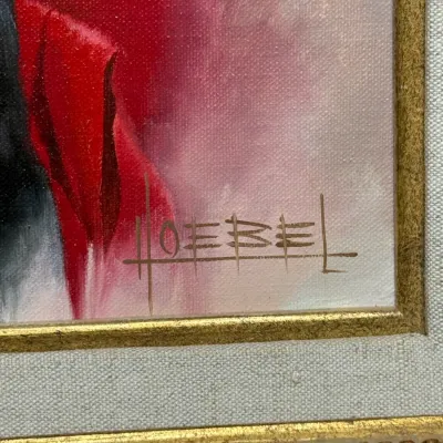 Sale Photo Thumbnail #154: Detail view of an artist's signature reading 'Goebel' in the lower corner of an oil painting on canvas, housed in a beaded gilt frame with a fabric matting.