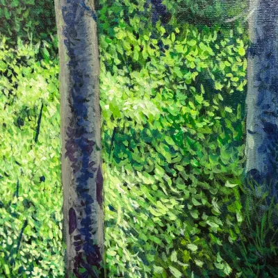 Sale Photo Thumbnail #474: Original oil or acrylic painting on canvas featuring a close-up impressionistic forest landscape with birch trees.