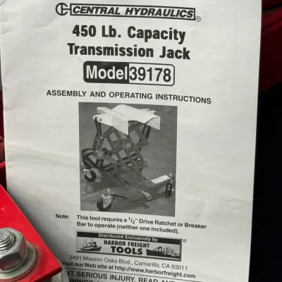 Sale Photo Thumbnail #526: Assembly and operating instructions manual for a Central Hydraulics 450 lb. capacity transmission jack, Model 39178.