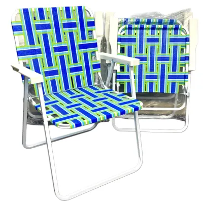 Sale Photo Thumbnail #98: Vintage-style folding aluminum lawn chair featuring blue and green woven webbing straps, paired with an additional matching chair folded in the background.
