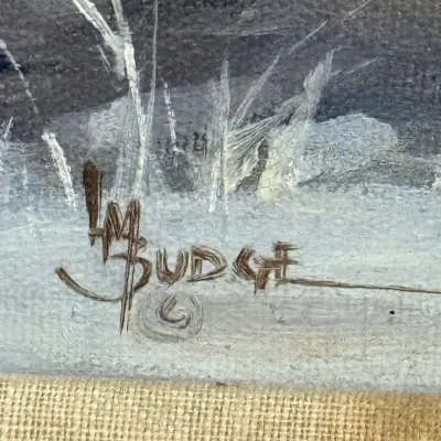 Sale Photo Thumbnail #448: Close-up detail of an artist's signature reading "M. BUDGE" on a textured oil painting canvas.