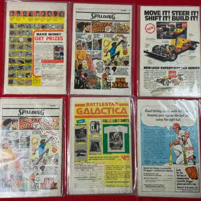 Sale Photo Thumbnail #799: Collection of six vintage comic books individually bagged, featuring period back cover advertisements from the late 1970s and early 1980s.