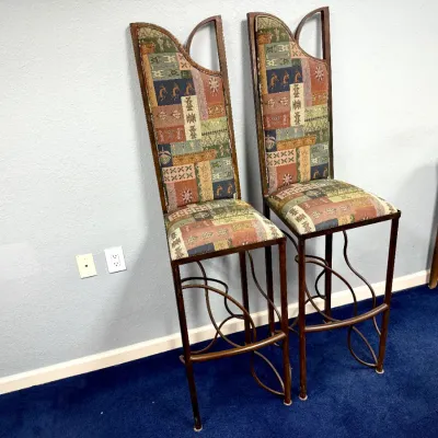 Sale Photo Thumbnail #302: Pair of postmodern high-back bar stools with wrought iron frames and Southwestern-style patterned upholstery.