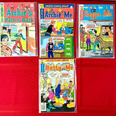 Sale Photo Thumbnail #73: Collection of four vintage Archie Series comic books from the 1970s, including Archie's Pals 'n' Gals, Archie and Me, Reggie and Me, and Betty and Me, all preserved in protective plastic sleeves.
