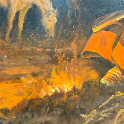 Sale Photo Thumbnail #106: Close-up detail of an oil painting on board featuring a figure sitting by a glowing campfire with a horse in the background.