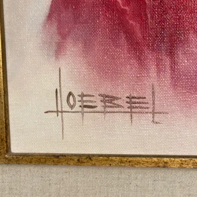 Sale Photo Thumbnail #140: Close-up detail of an artist's signature reading 'HOEBEL' on an oil painting with a gilt frame.
