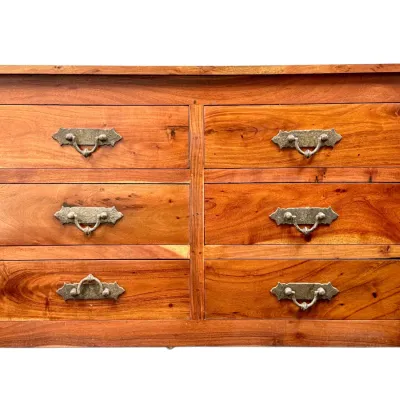 Sale Photo Thumbnail #13: Rustic solid wood six-drawer dresser featuring rich natural grain and vintage-style cast iron hardware handles.