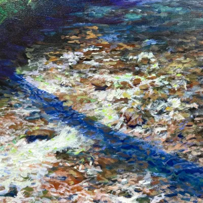 Sale Photo Thumbnail #475: Impressionistic acrylic or oil painting on stretched canvas depicting flowing water over pebbles.