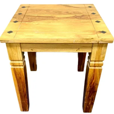 Sale Photo Thumbnail #68: Rustic solid light wood side table featuring dark diamond inlay accents and tapered legs.