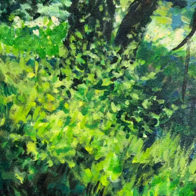 Sale Photo Thumbnail #458: Close-up detail of an impressionistic oil painting on stretched canvas depicting lush green foliage and tree trunks.
