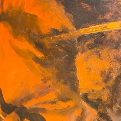 Sale Photo Thumbnail #111: Close-up of an expressionistic oil painting featuring dramatic brushstrokes in vibrant orange, brown, and yellow tones.