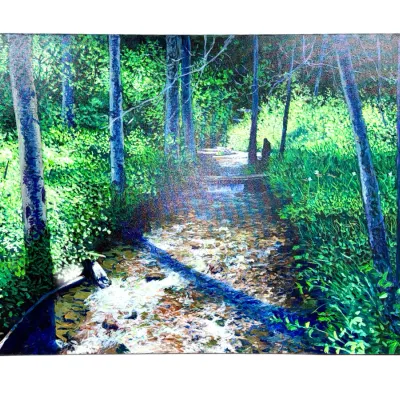 Sale Photo Thumbnail #37: Large unframed landscape oil painting depicting a sunlit forest stream surrounded by lush green foliage and trees.