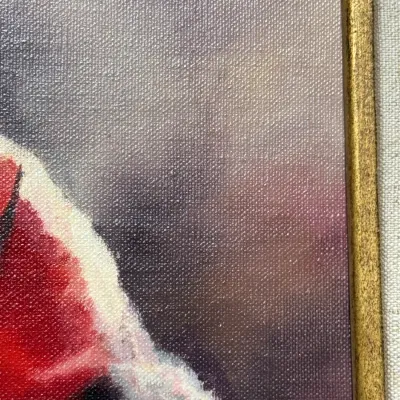 Sale Photo Thumbnail #157: Close-up of an oil painting on textured canvas, framed in a thin gold edge inside a canvas mat.
