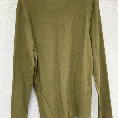 Sale Photo Thumbnail #890: Men's olive green thermal long-sleeve shirt, shown from the back, hanging on a white plastic hanger.