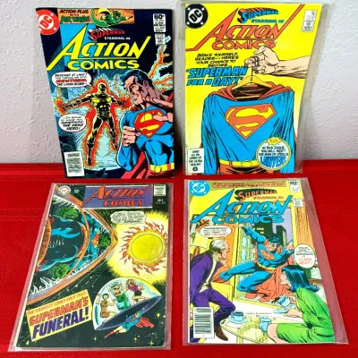 Sale Photo Thumbnail #83: Collection of four vintage DC Action Comics featuring Superman, including issues #263, #506, #537, and #508, primarily from the Bronze Age, bagged and boarded for protection.