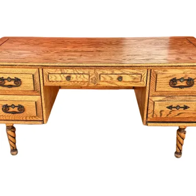 Sale Photo Thumbnail #14: Vintage oak executive desk featuring multiple drawers with ornate brass hardware, inlay detailing on the desktop, and spiral twist legs.