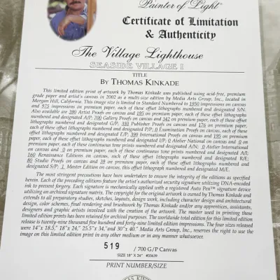 Sale Photo Thumbnail #817: Thomas Kinkade Certificate of Limitation & Authenticity for "The Village Lighthouse, Seaside Village I," numbered 519 of 700 G/P Canvas.