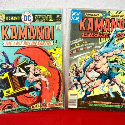 Sale Photo Thumbnail #781: Two vintage DC Kamandi: The Last Boy on Earth comic books in plastic sleeves, including issue #38 (February 1976) and issue #50 (May 1977).