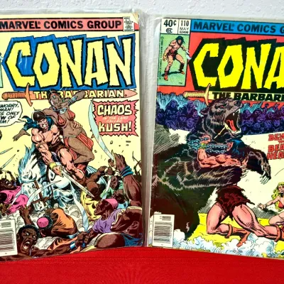 Sale Photo Thumbnail #800: Pair of Marvel Comics Conan the Barbarian comic books, including issue #106 from January 1980 and issue #110 from May 1980, both preserved in protective plastic sleeves.