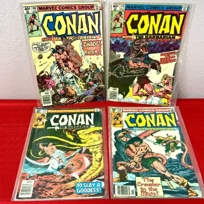 Sale Photo Thumbnail #86: Set of four vintage Marvel Comics Conan the Barbarian comic books, including issues #106, #110, #116, and #121, all housed in protective plastic sleeves.
