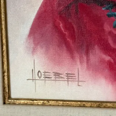 Sale Photo Thumbnail #147: Close-up detail of an artist signature, "Goebel," on a framed portrait painting.