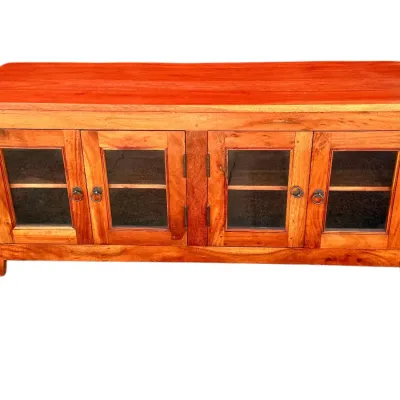 Sale Photo Thumbnail #19: Rustic solid wood media console featuring four glass-paned cabinet doors with dark metal ring pulls.