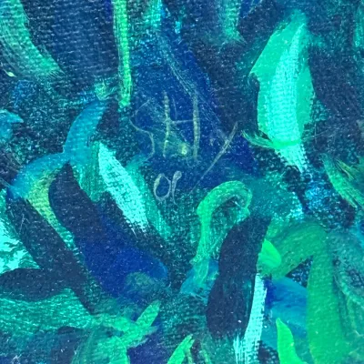 Sale Photo Thumbnail #476: Detail shot of an artist's signature etched into an expressionist oil painting with vibrant blue and green brushstrokes.