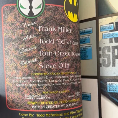 Sale Photo Thumbnail #804: Credits page from the 1994 Spawn/Batman crossover comic book written by Frank Miller and illustrated by Todd McFarlane.