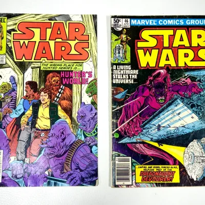 Sale Photo Thumbnail #69: Two Marvel Comics Star Wars comic books, including issue #85 (July) and issue #46 (April), showing some cover wear and spine stress.
