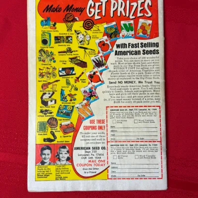 Sale Photo Thumbnail #776: Vintage comic book back cover featuring a full-page advertisement for American Seed Co.