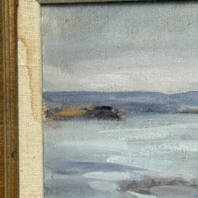 Sale Photo Thumbnail #446: Framed oil painting depicting a winter landscape, featuring a fabric-lined wooden frame with visible water staining.
