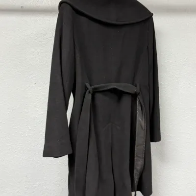 Sale Photo Thumbnail #863: Black wool wrap coat with a large sailor-style collar and fabric tie belt, viewed from the back.